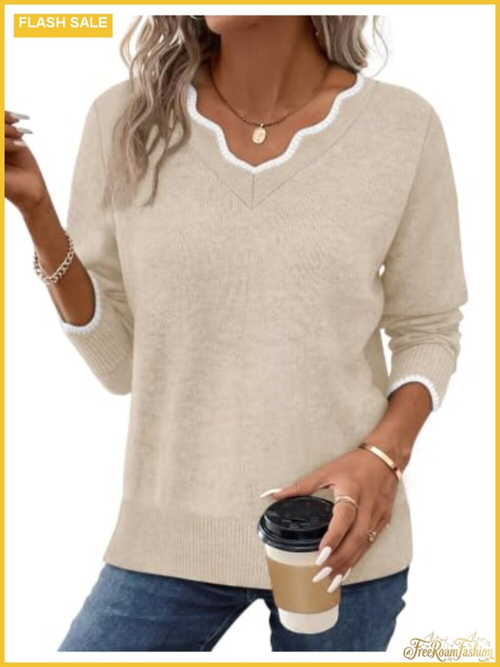 Women's V-Neck Pullover Sweater Cozy Lightweight Long Sleeve Fall Top